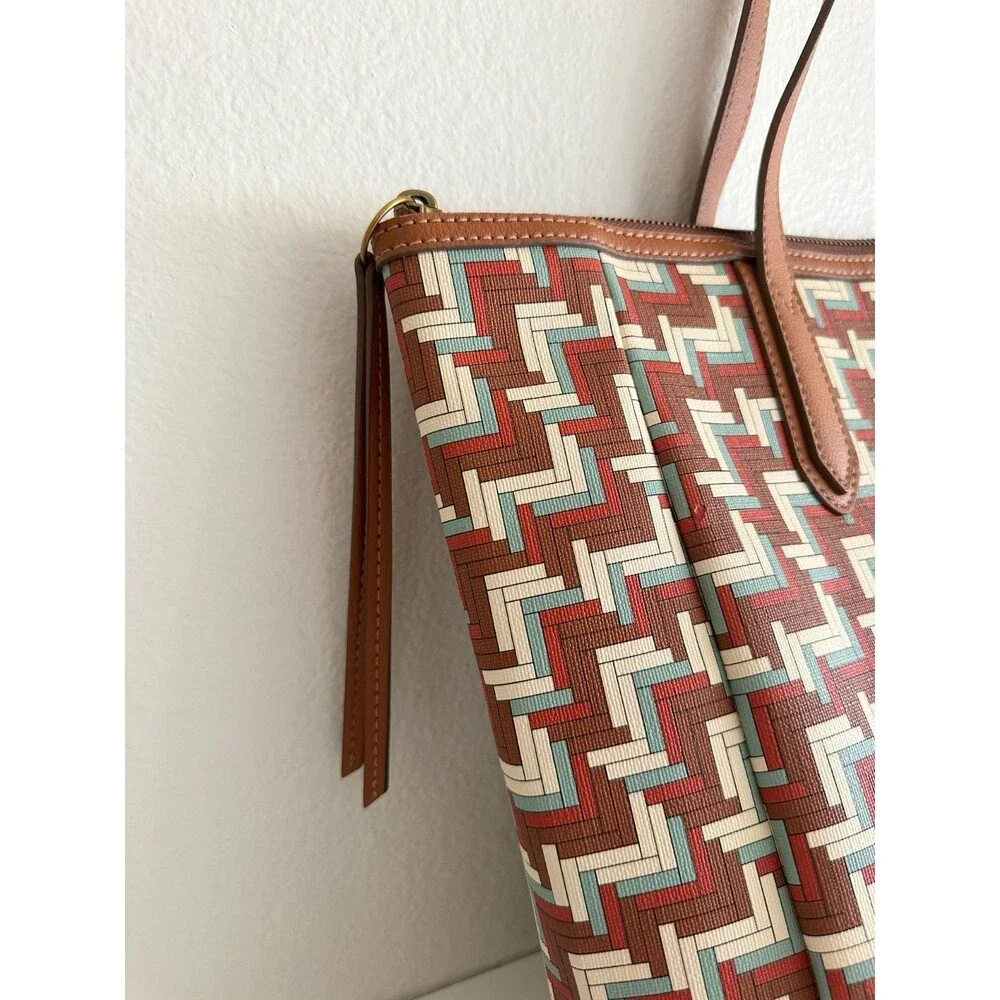 Fossil Sydney Signature Large Tote Bag Shoulder Purse Geometric Brown Top Handle